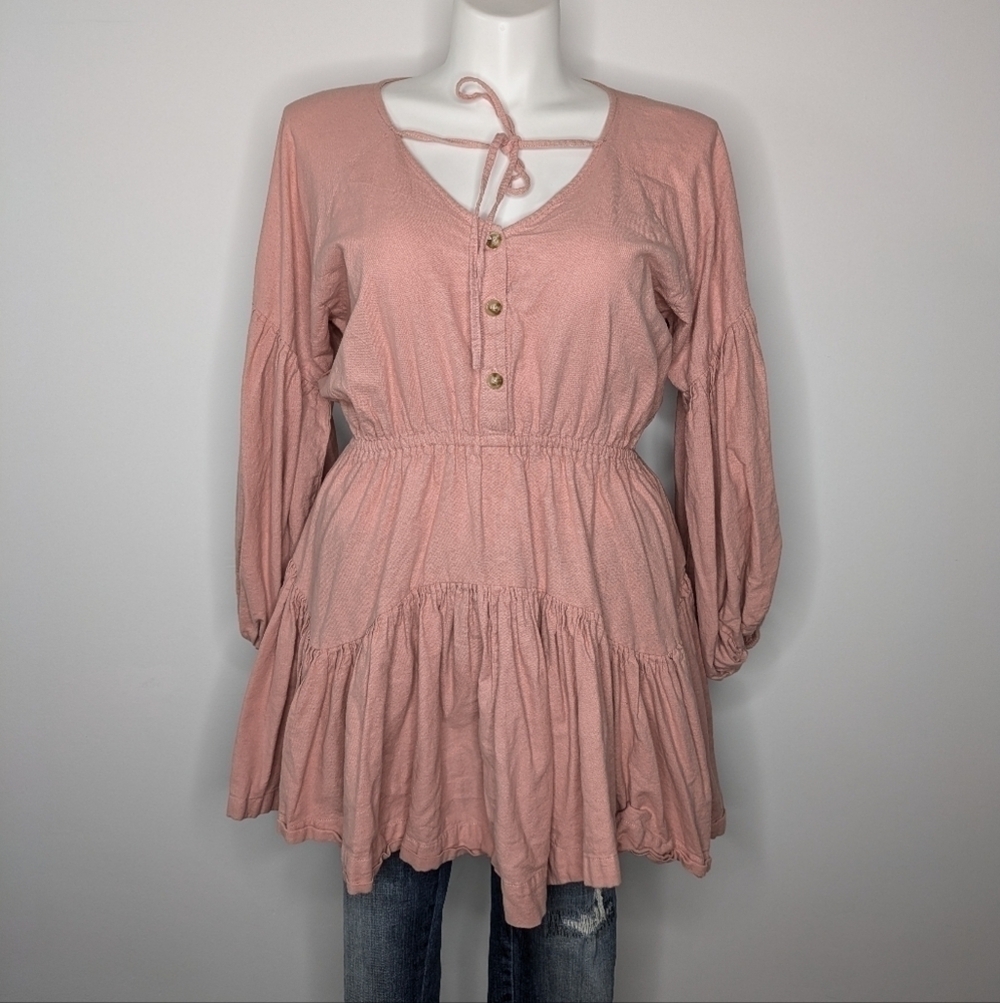 Bali Elf Alessandra blush pink puff sleeve 100% linen mini dress XL